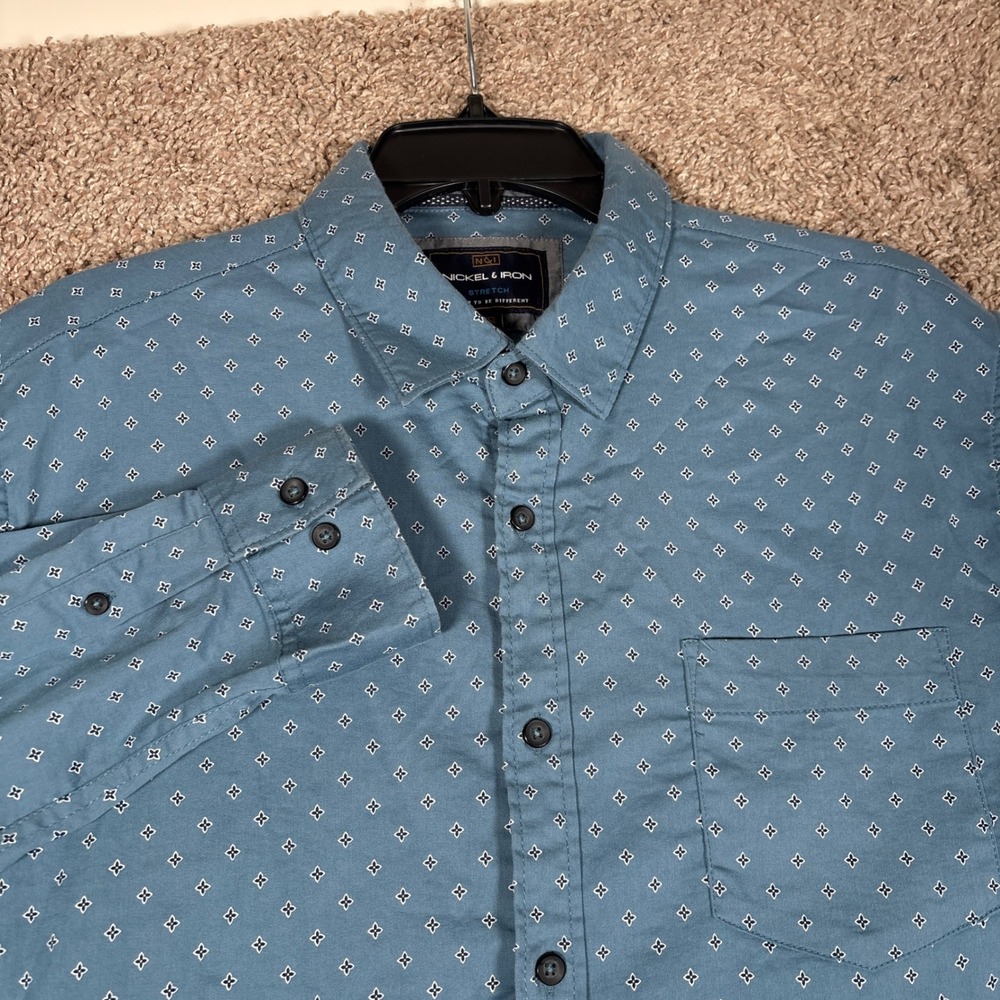 Nickel & Iron Mens Large Blue Geometric Diamond Print Stretch Button Down Shirt